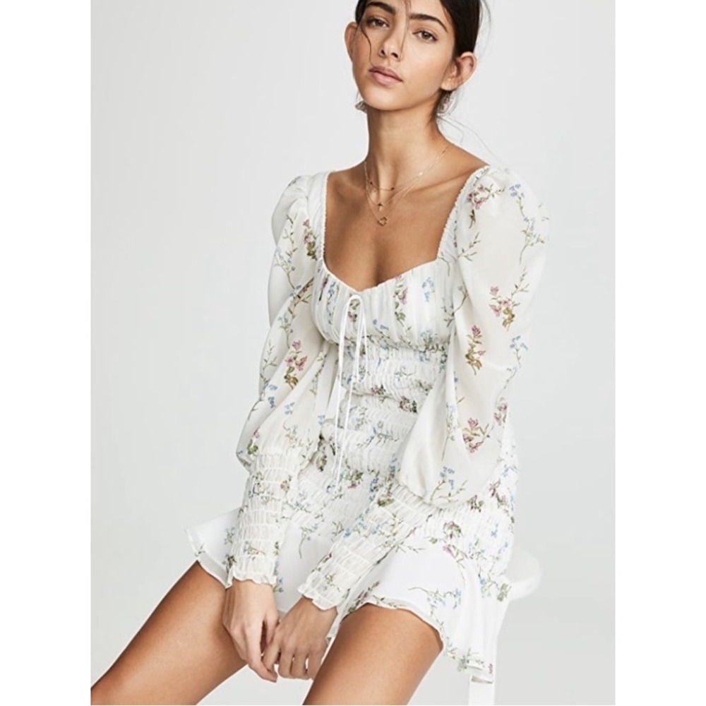 For Love & Lemons Dixon Mini Dress Size S White Floral Smocked Ruffle Cottage